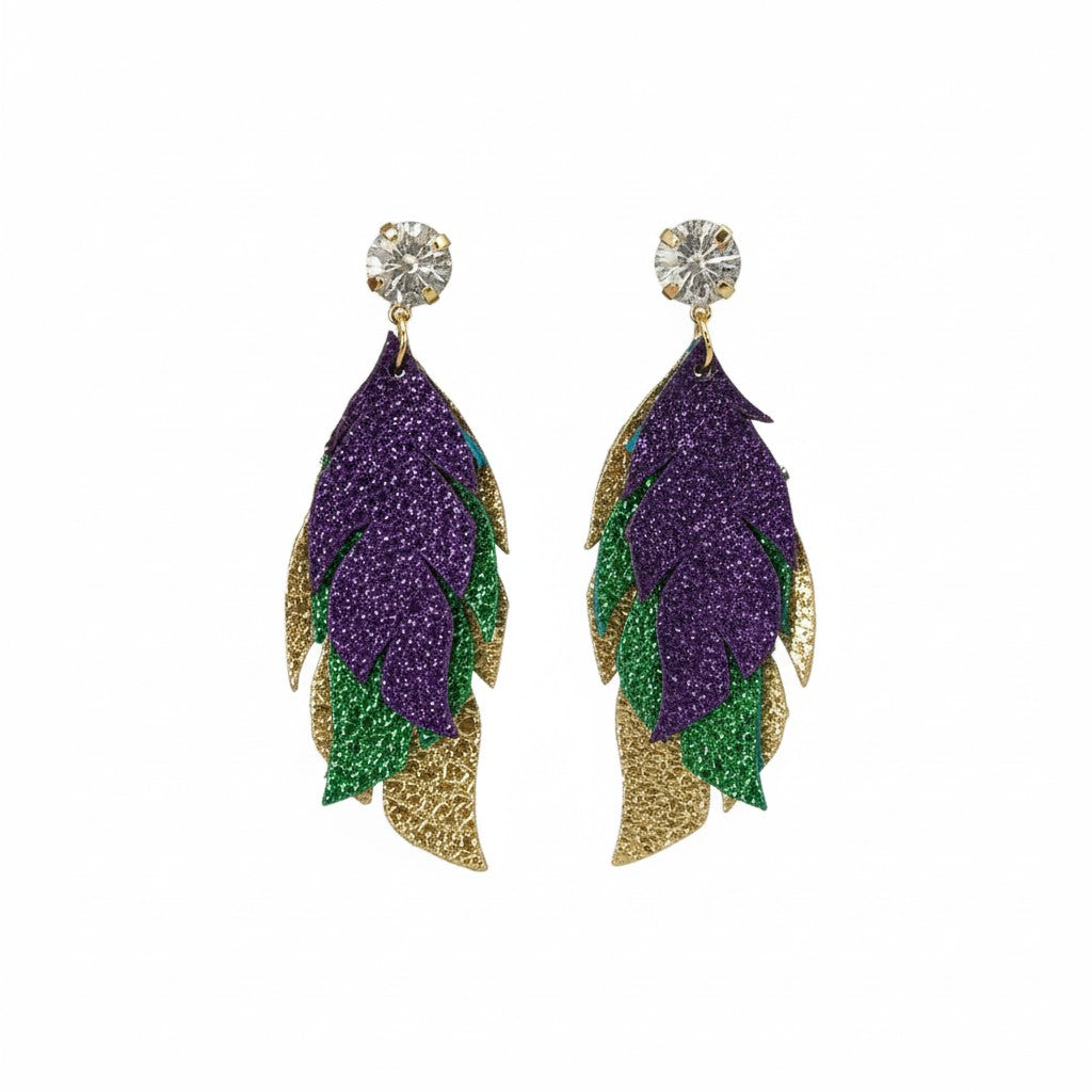 Crystal Clear & Mardi Gras Layered Leather Drop Earrings