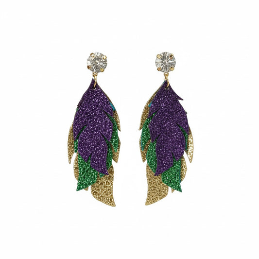 Crystal Clear & Mardi Gras Layered Leather Drop Earrings