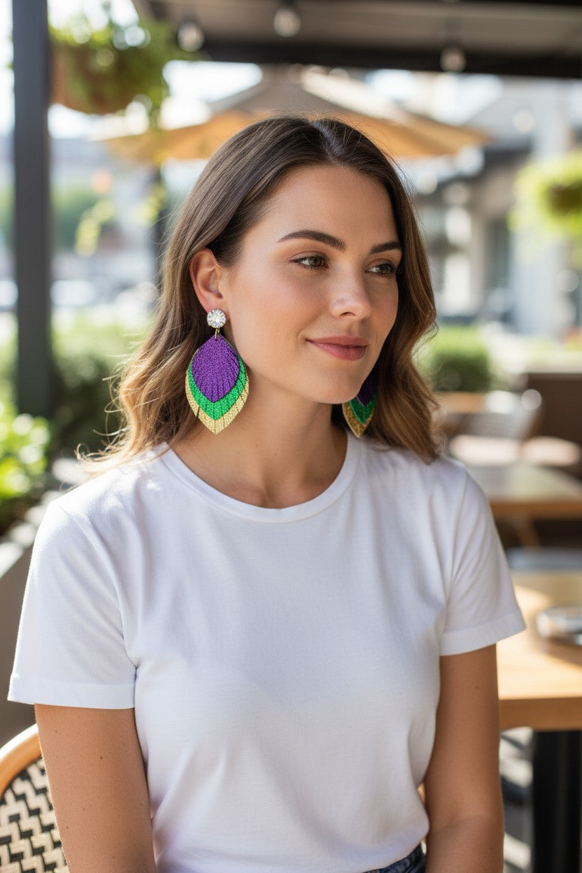 Mardi Gras Themed Crystal & Fringe Leather Earrings - E19-3820