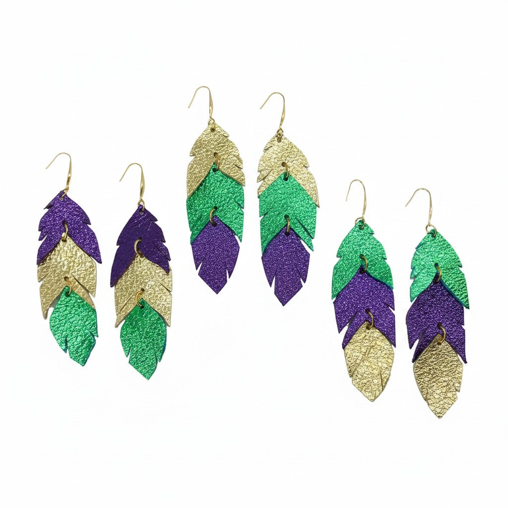 Mardi Gras Themed Feather Leather Earrings