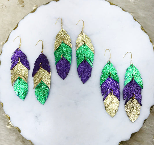Mardi Gras Themed Feather Leather Earrings