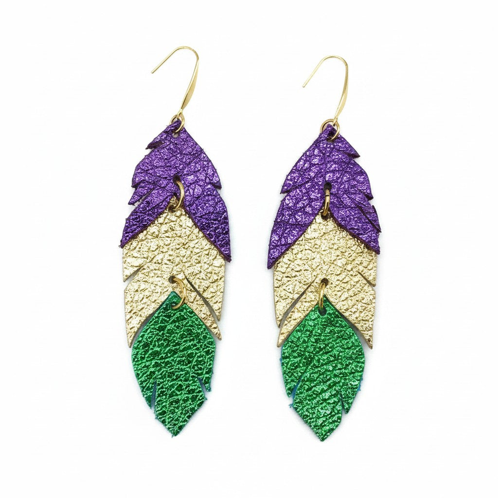 Mardi Gras Themed Feather Leather Earrings