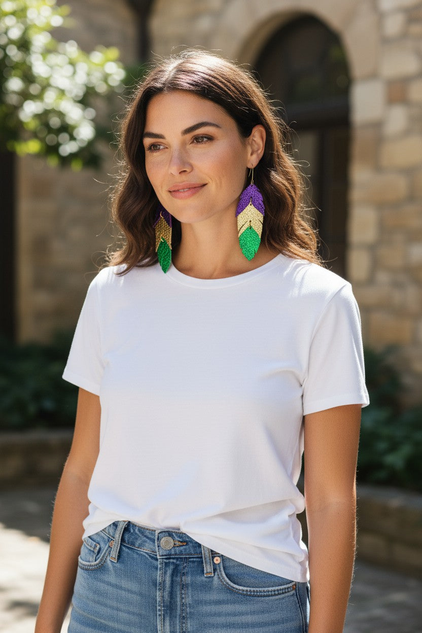 Mardi Gras Themed Feather Leather Earrings