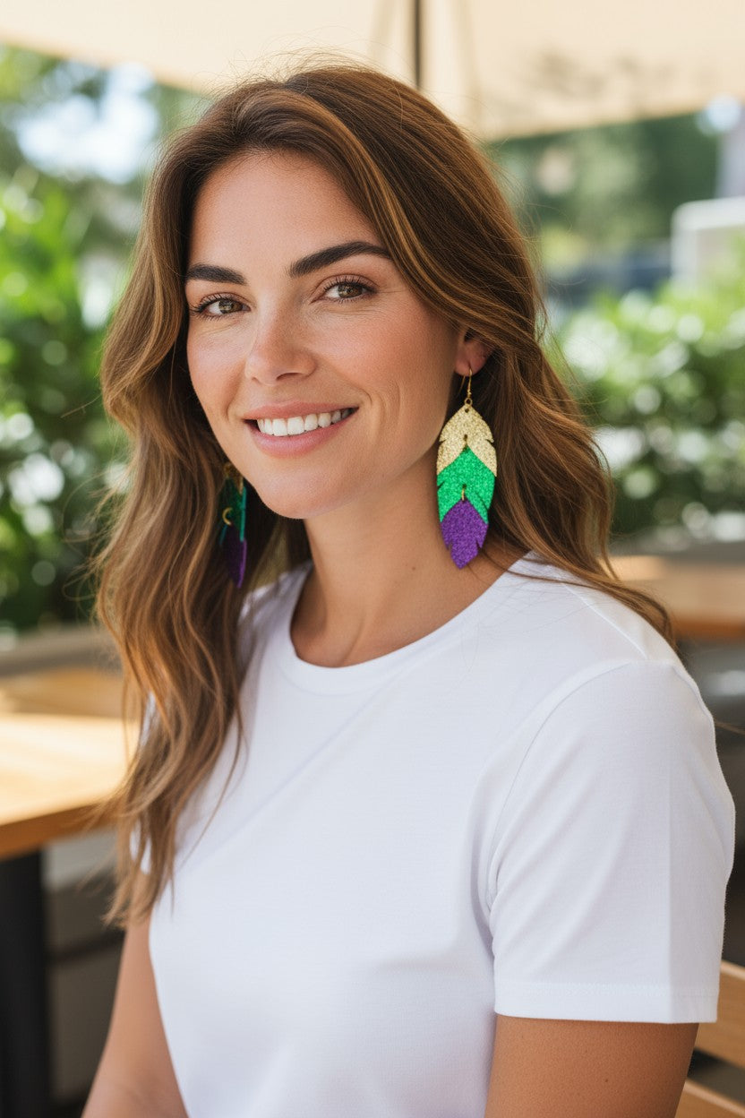 Mardi Gras Themed Feather Leather Earrings