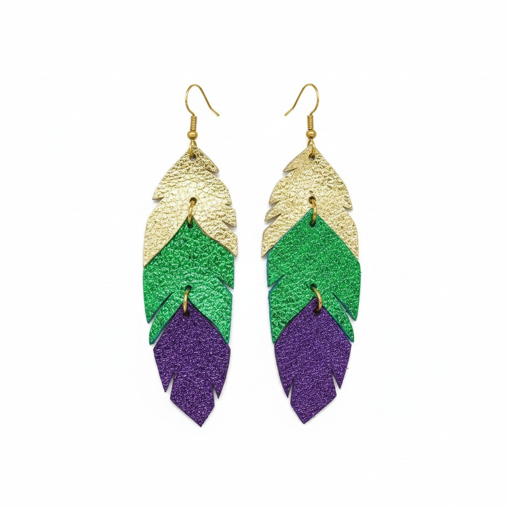 Mardi Gras Themed Feather Leather Earrings