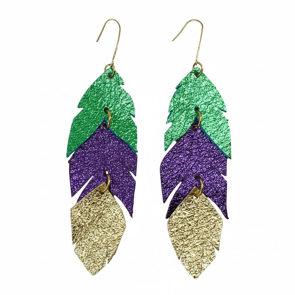 Mardi Gras Themed Feather Leather Earrings