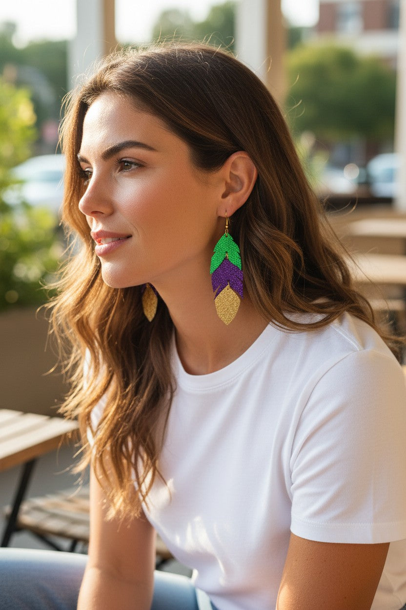 Mardi Gras Themed Feather Leather Earrings