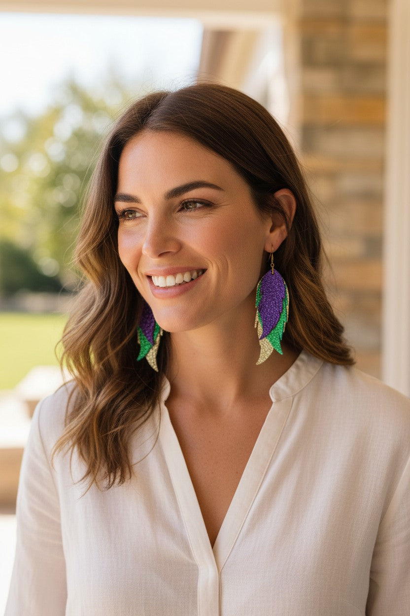 Mardi Gras Themed Genuine Leather Earrings - E19-3835