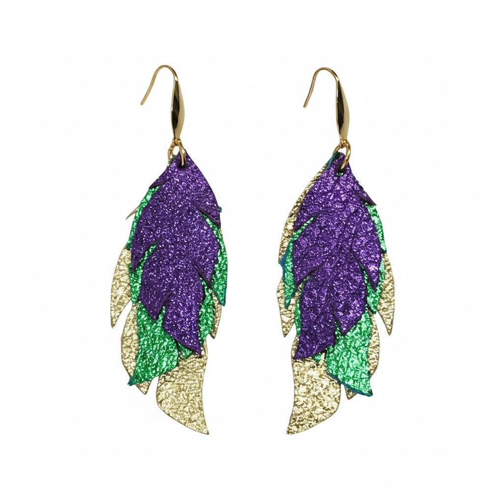 Mardi Gras Pebbled Feather Leather Earrings