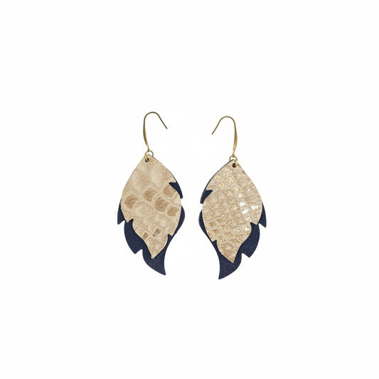 Rose Gold Beige and Blue Snake Layered Leather Earrings