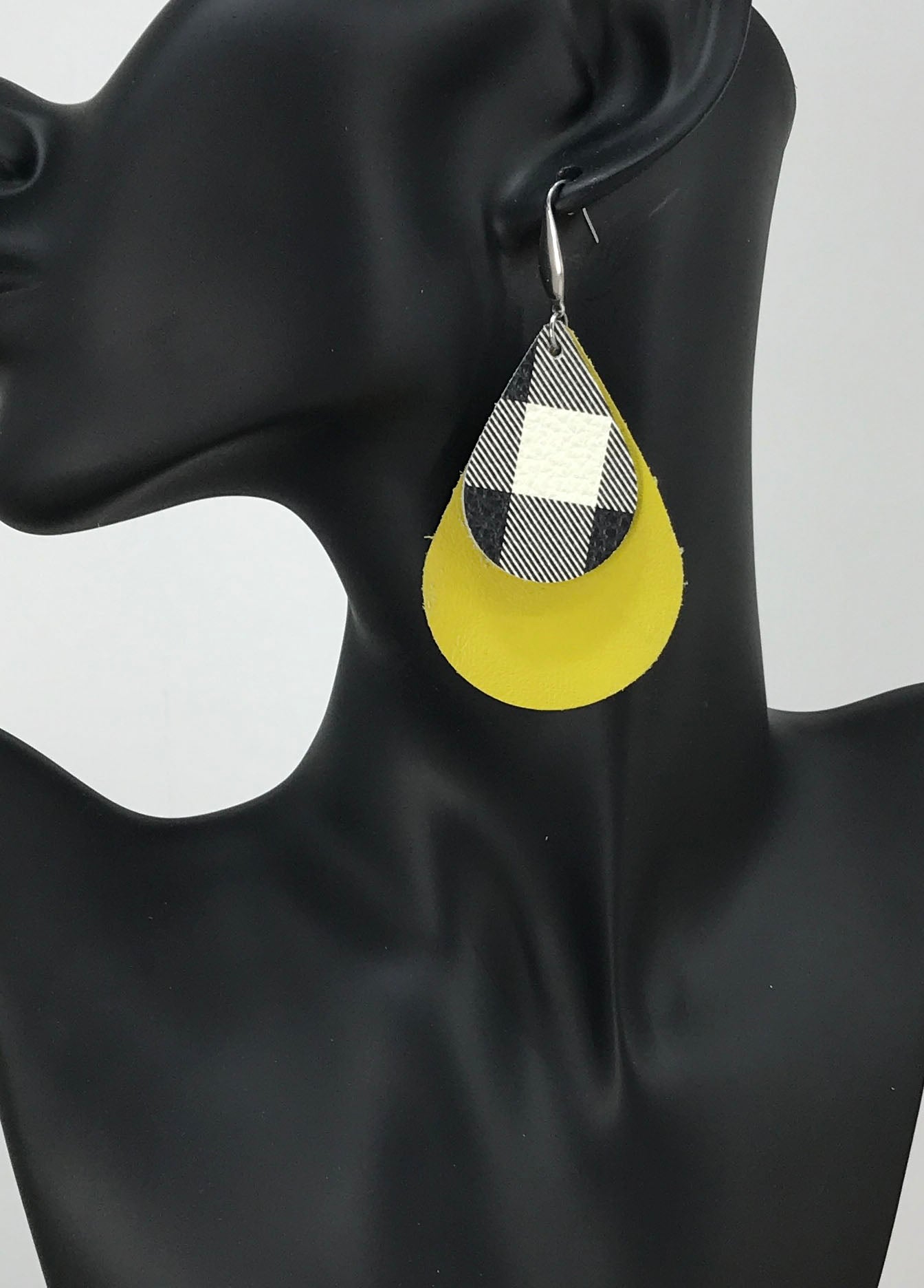 Genuine Yellow and Buffalo Plaid Leather Earrings - E19-398