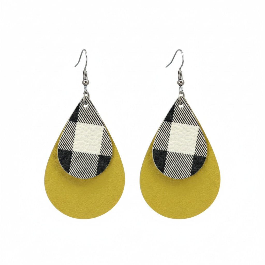 Genuine Yellow and Buffalo Plaid Leather Earrings - E19-398