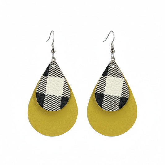 Genuine Yellow and Buffalo Plaid Leather Earrings - E19-398