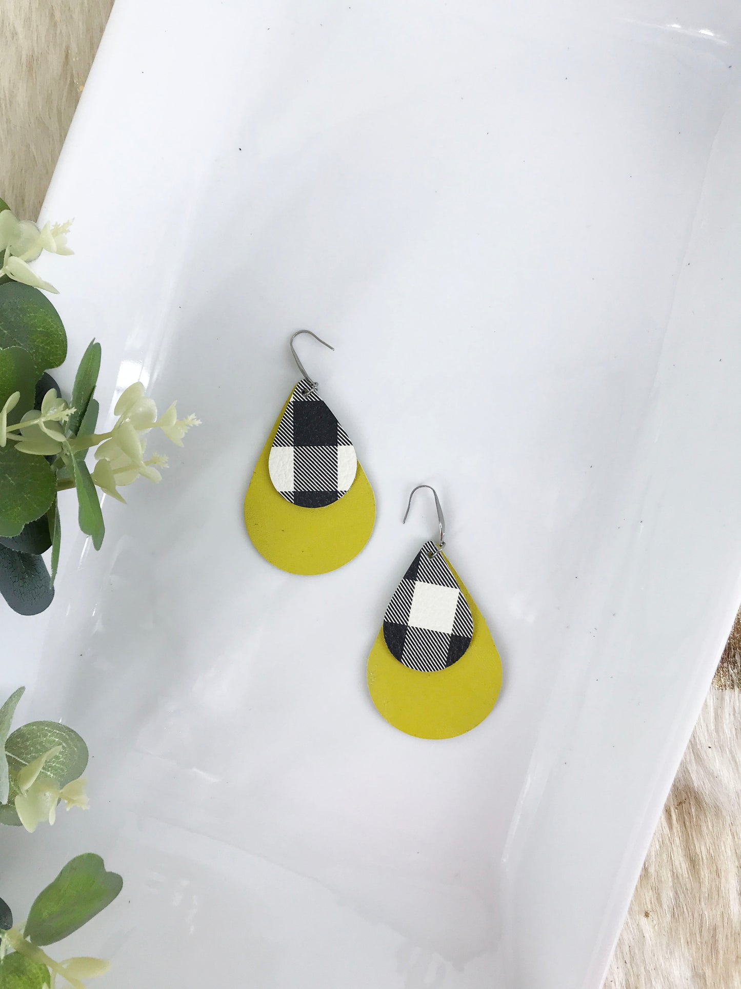 Genuine Yellow and Buffalo Plaid Leather Earrings - E19-398