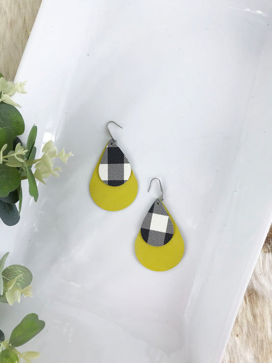 Genuine Yellow and Buffalo Plaid Leather Earrings - E19-398