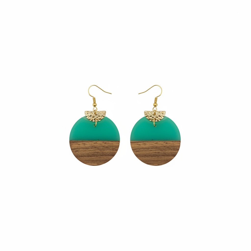 Green Resin and Wood Half Moon Earrings