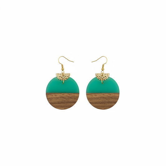 Green Resin and Wood Half Moon Earrings