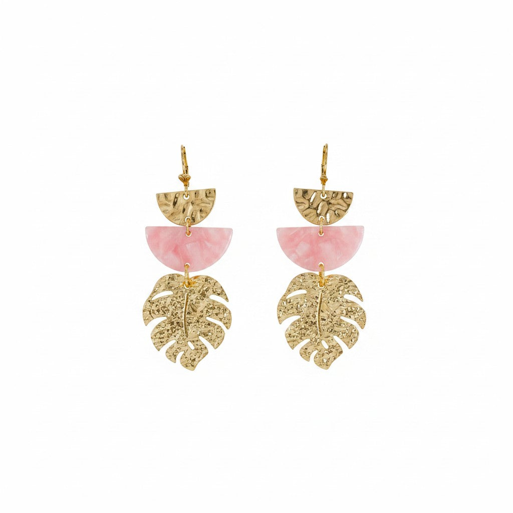 Pink and Gold Monstera Leaf Pendant Earrings