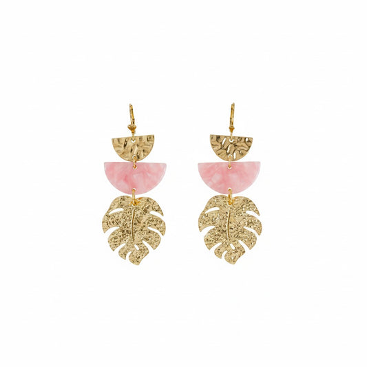 Pink and Gold Monstera Leaf Pendant Earrings