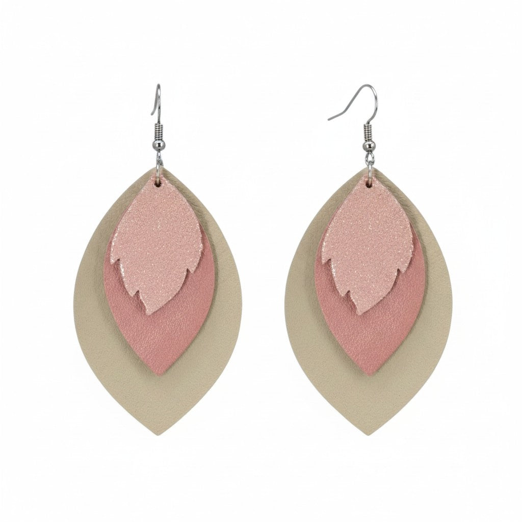 Tan and Pink Genuine Leather Earrings - E19-412