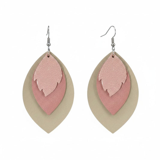 Tan and Pink Genuine Leather Earrings - E19-412