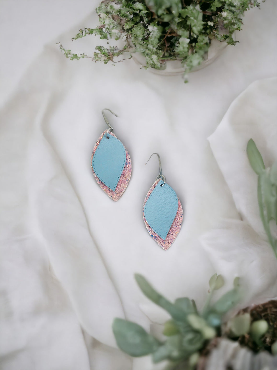 Sky Blue Leather and Chunky Glitter Earrings - E19-418