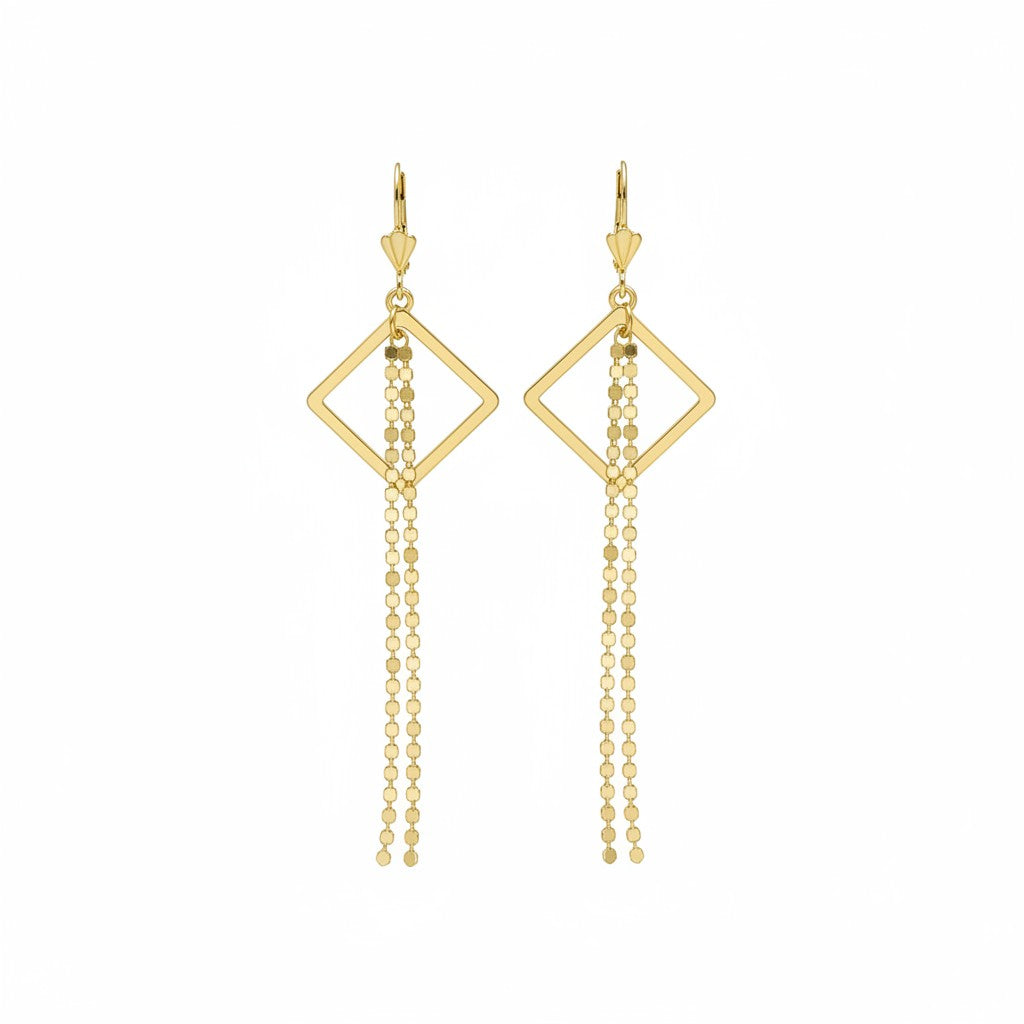 Gold Square Pendant Tassel Earrings