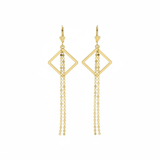 Gold Square Pendant Tassel Earrings