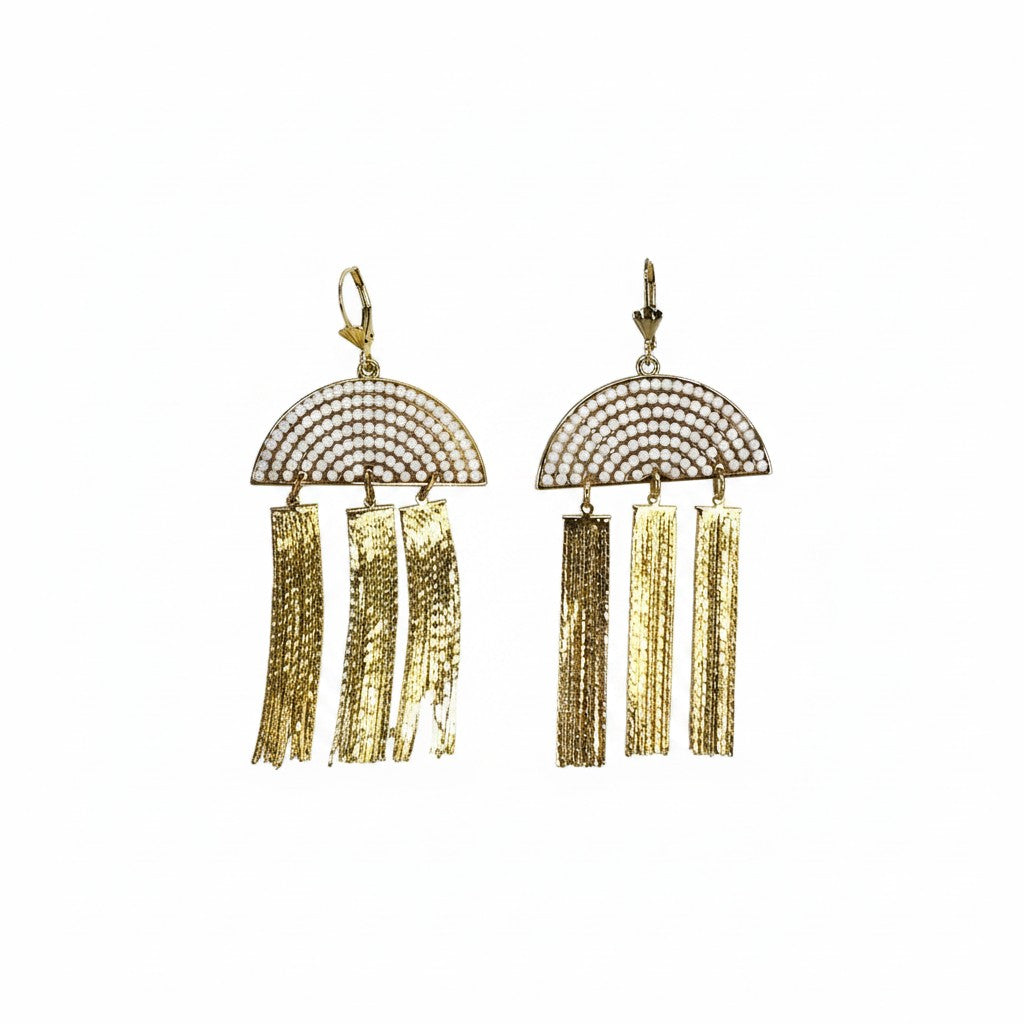 White Beaded Gold Tassel Earrings