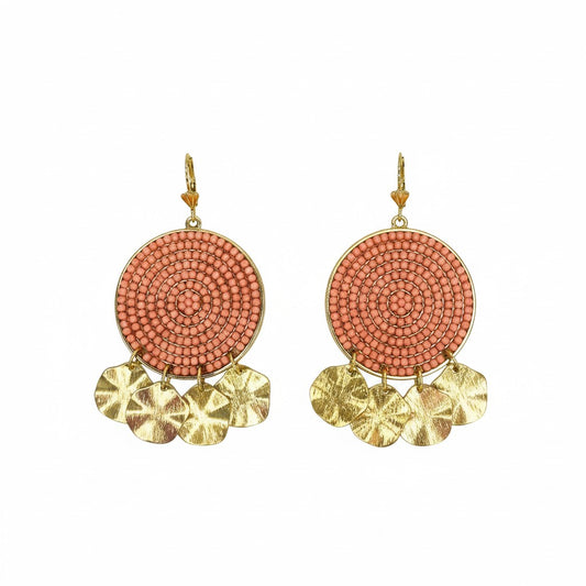 Coral Beaded and Gold Disc Pendant Earrings