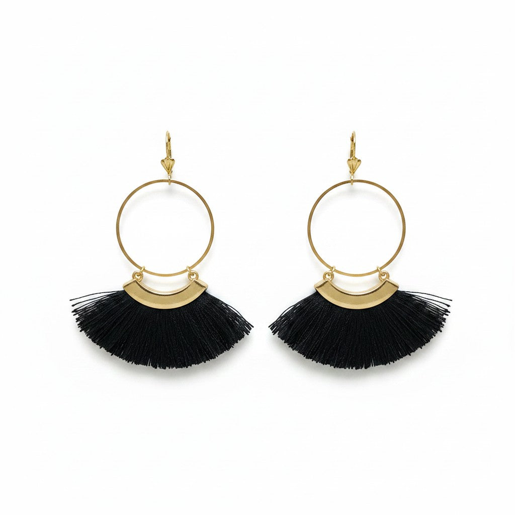 Gold Hoop Black Tassel Earrings