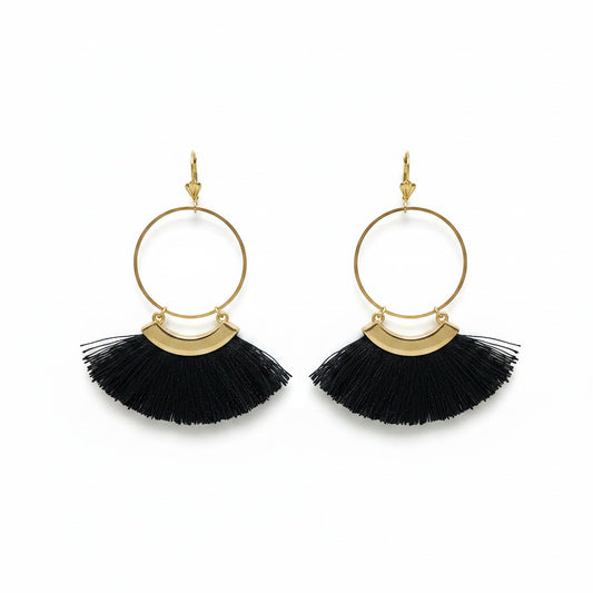 Gold Hoop Black Tassel Earrings