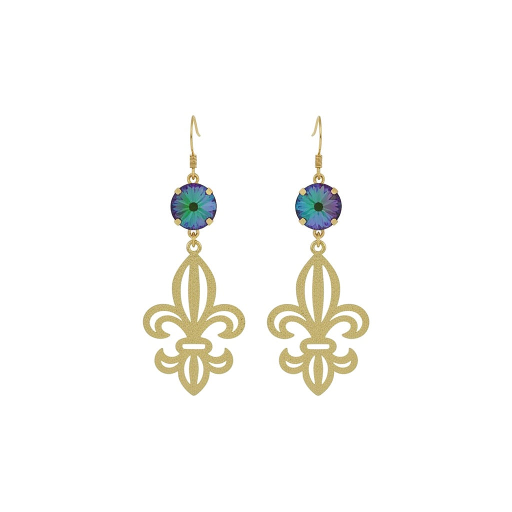 Electra Crystal & Gold Fleur De Lis Drop Earrings