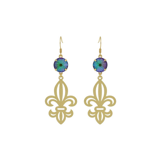 Electra Crystal & Gold Fleur De Lis Drop Earrings