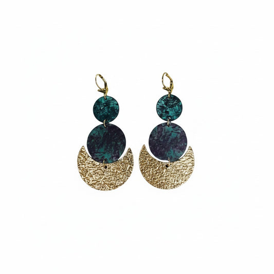 Teal and Gold Disc Pendant Earrings