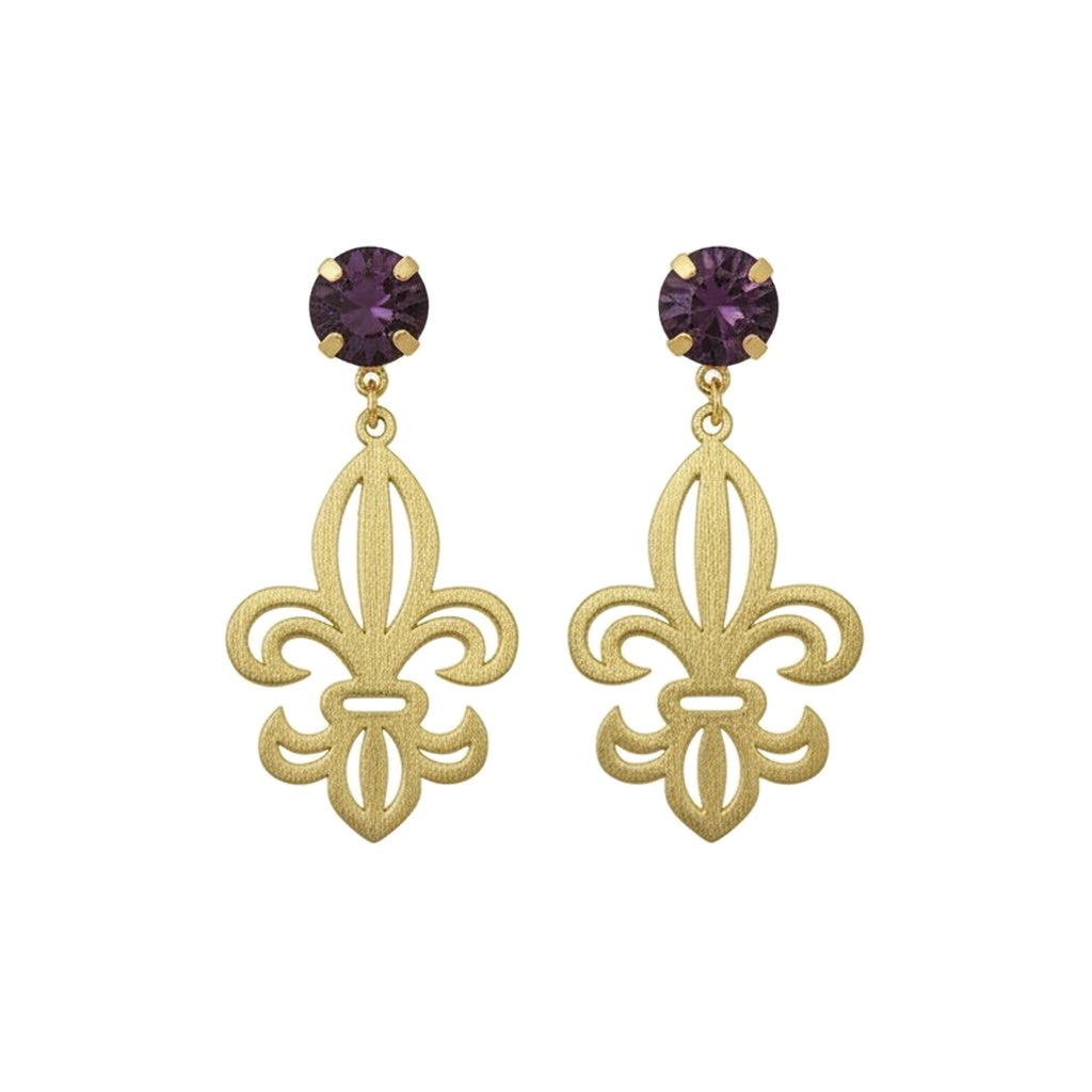 Amethyst Crystal & Gold Fleur De Lis Drop Earrings