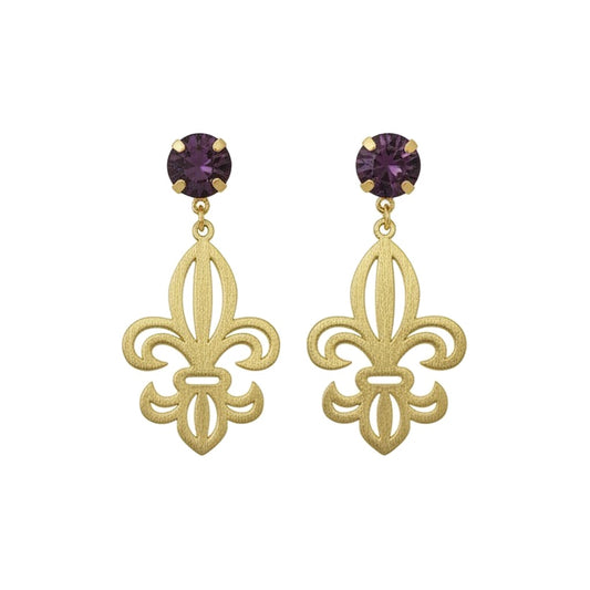 Amethyst Crystal & Gold Fleur De Lis Drop Earrings