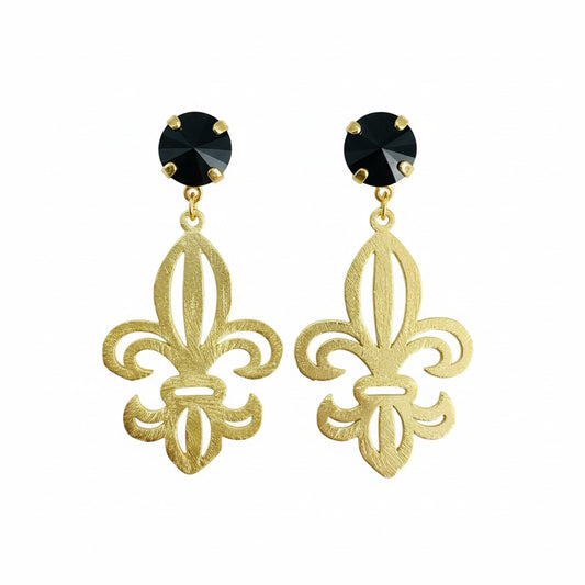 Jet Crystal & Gold Fleur De Lis Drop Earrings