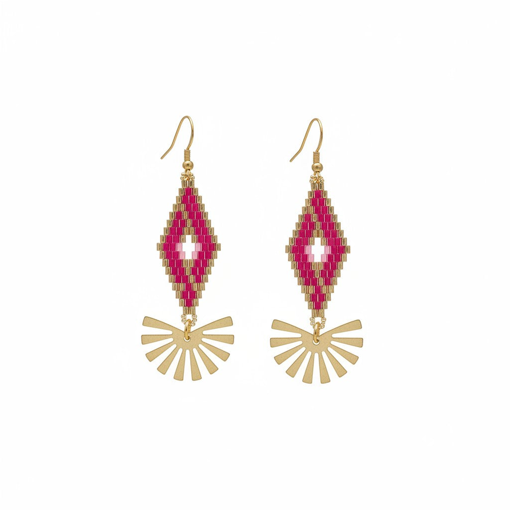 Hot Pink and Gold Beaded Pendant Earrings