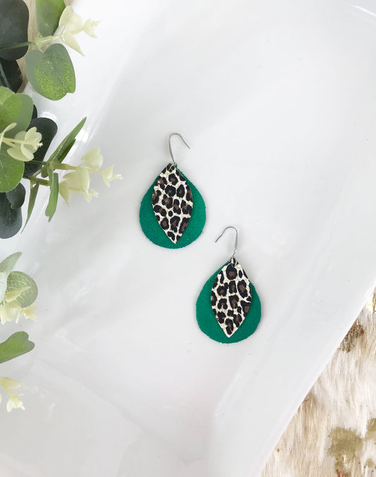 Green Suede and Cheetah Leather Earrings - E19-441