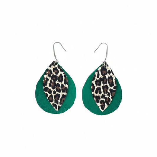 Emerald Cheetah Layered Leaf Earrings