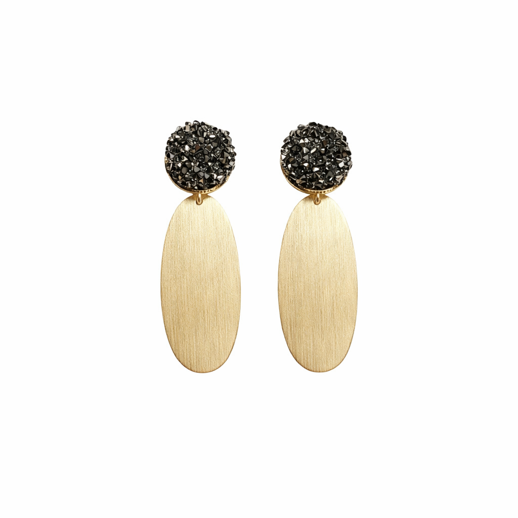 Gunmetal Druzy & Brushed Gold Oval Drop Earrings