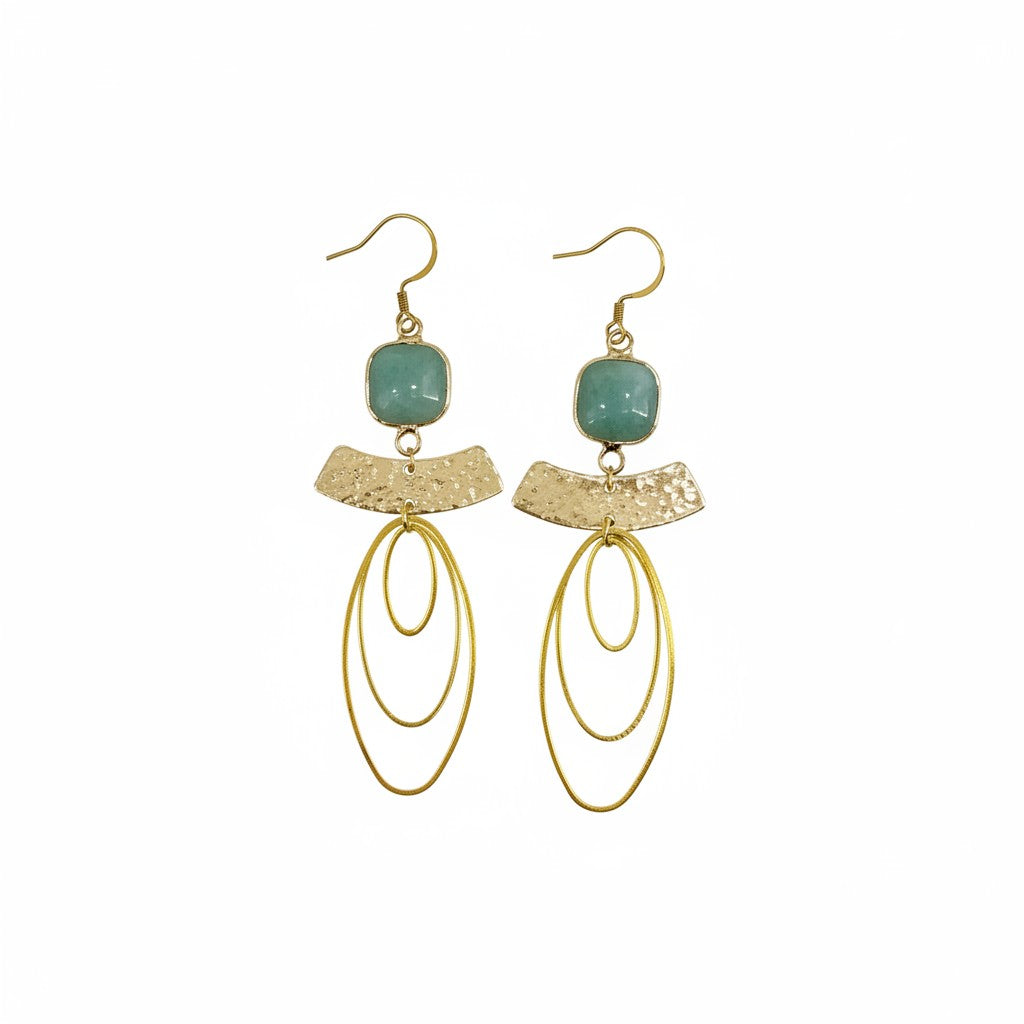 Green Aventurine Gold Oval Pendant Earrings
