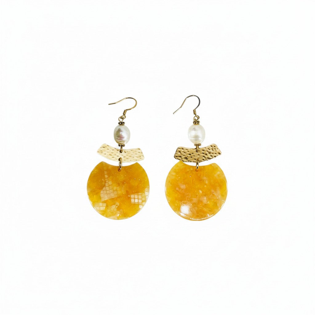 Pearl and Orange Tortoise Pendant Earrings