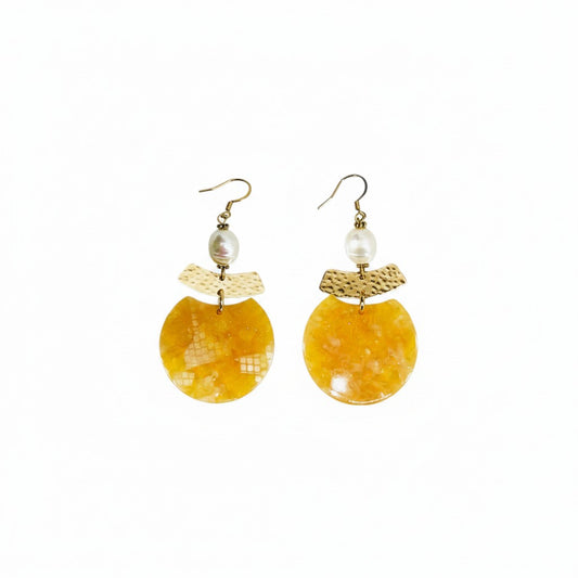 Pearl and Orange Tortoise Pendant Earrings