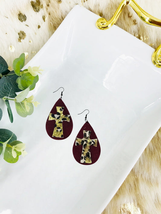 Maroon Suede & Hair On Cross Leather Earrings - E19-4501
