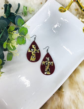 Load image into Gallery viewer, Maroon Suede &amp; Hair On Cross Leather Earrings - E19-4501