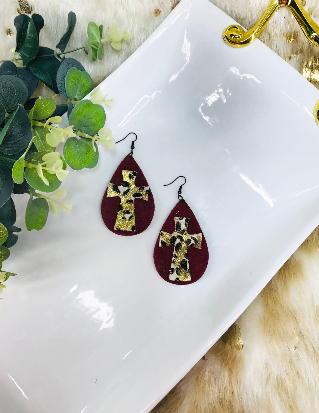 Maroon Suede & Hair On Cross Leather Earrings - E19-4501