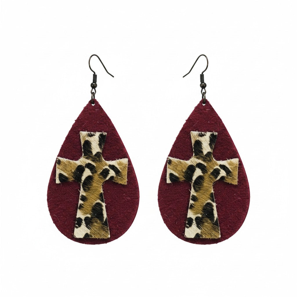 Maroon Faith Leopard Cross Earrings