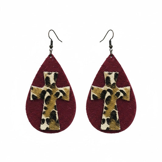 Maroon Faith Leopard Cross Earrings